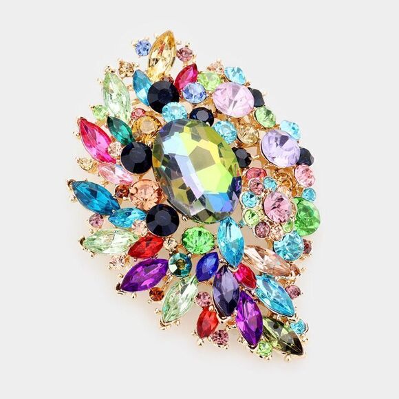 Large Oval Multi Color Crystal Accented Flower Pin Brooch - Picture 1 of 6